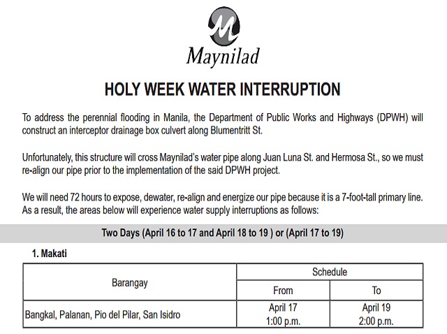 Maynilad Holy Week 2014 Water Interruption Schedule